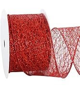 RIBBOOO Red Glitter Mesh Wired Ribbon, 2.5 Inch 10 Yards Sparkling Fabric Ribbon for Wreath Bow M...