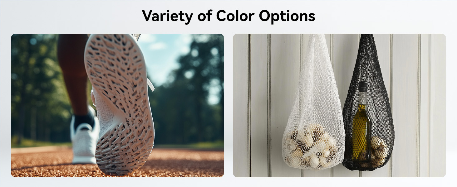 Split image: Left shows running shoe sole on ground. Right displays two mesh produce bags hanging, one with garlic bulbs, the other with a glass bottle.