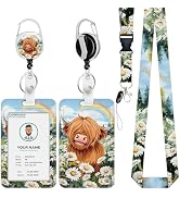 ID Badge Holder with Lanyard, Highland Cow Lanyards for ID Badges, Badge Reels Retractable, Daisy...