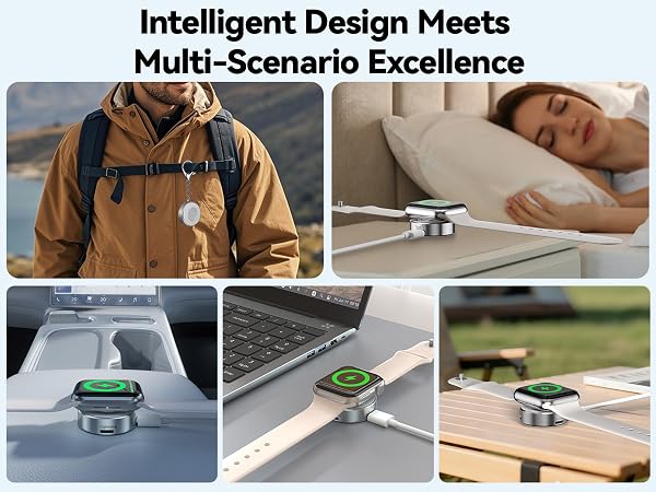 Text reads 'Intelligent Design Meets Multi-Scenario Excellence'. Series of lifestyle photos showing product usage in various settings including outdoor, desk work, and construction scenarios.