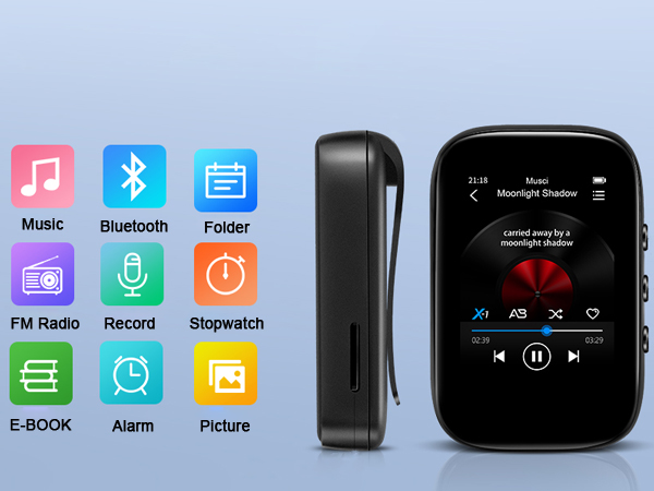 Portable music player with touchscreen display showing music interface. Device has clip-on design, multiple functions including Bluetooth, FM radio, and e-book capabilities.