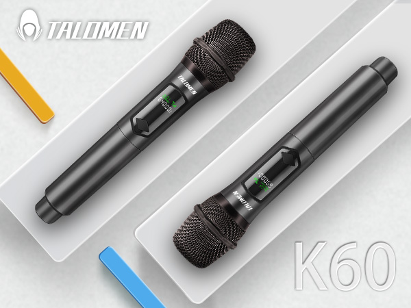 Two handheld wireless microphones with metal mesh grills, digital displays, and cylindrical handles. Model K60 by Tallmen brand, shown on a gray background with colored accents.