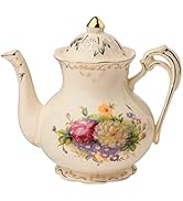 YOLIFE Flowering Shrubs Ceramic Teapot, 29 oz/ 3 cup Ivory Vintage Floral Porcelain Tea Pot Coffe...