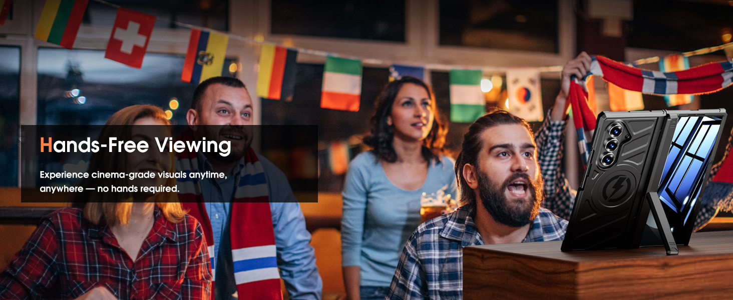 Text reads 'Hands-free Viewing'. Entertainment setting showing people watching content in casual environment.