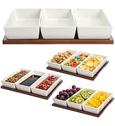 Elsjoy 3-Section Serving Tray, Wood Divided Serving Dish with Ceramic Bowls, 3-Compartment Food P...