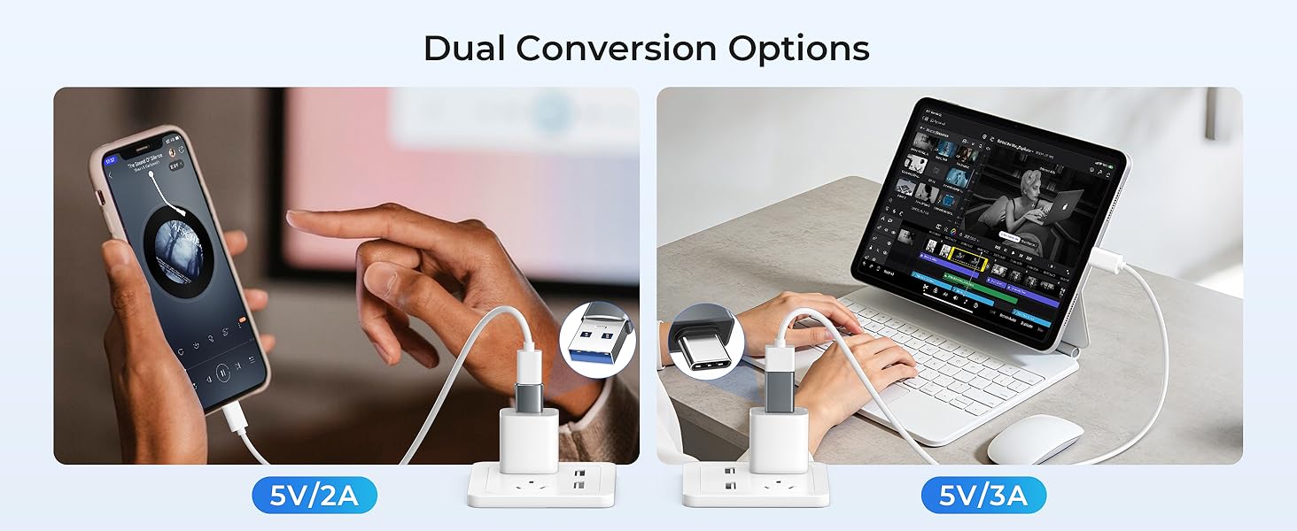 Text reads 'Dual Conversion Options'. Split image showing mobile app interface on phone and tablet displaying control panels with icons and settings.