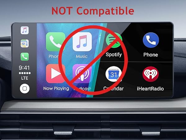 Car infotainment system display showing incompatibility between Apple CarPlay and Android Auto, with hands holding smartphones on either side.