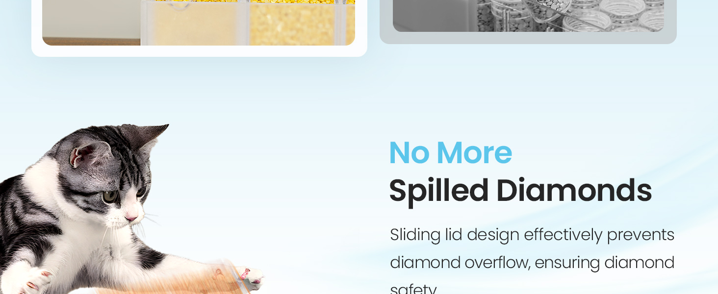 Cat examining a sliding lid container designed to prevent diamond overflow. Text describes 'No More Spilled Diamonds' and highlights the product's safety features.