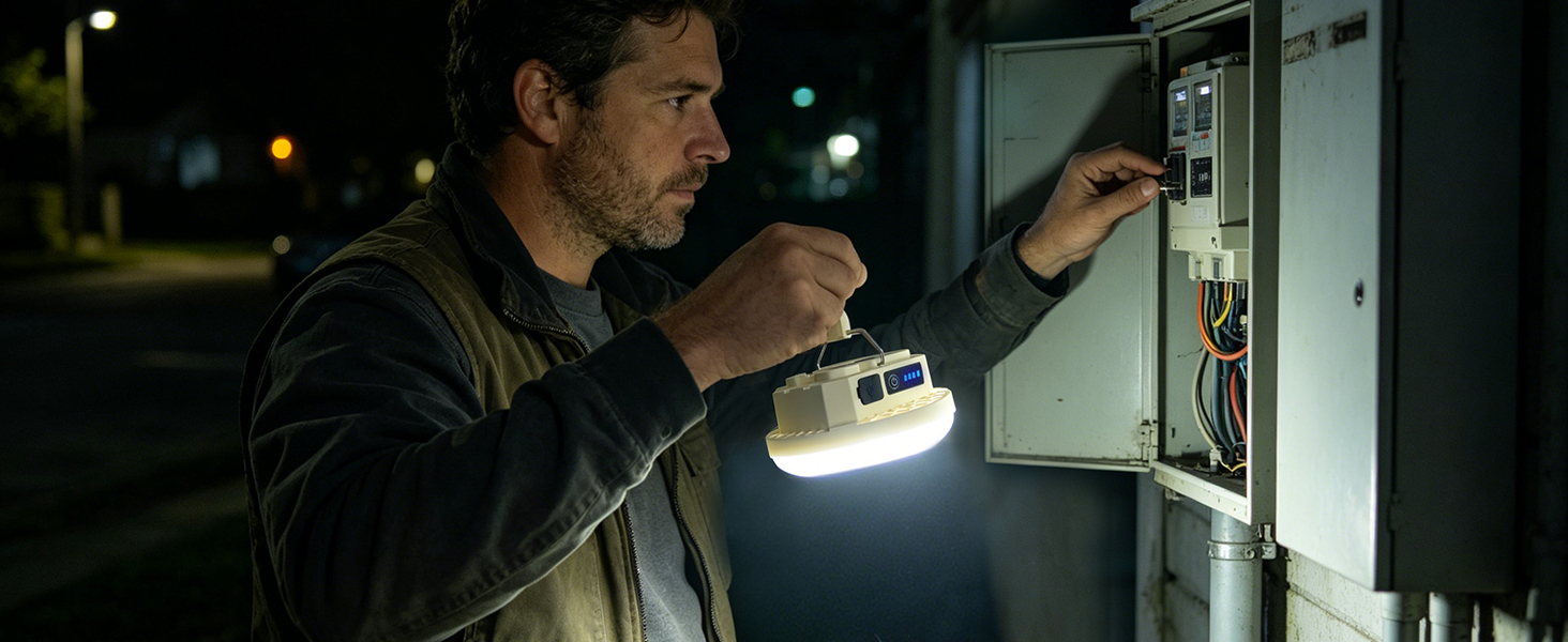 Man using a handheld rechargeable LED lantern to light up nighttime electrical repair work