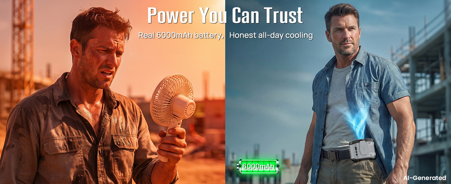 6000mAh personal body fan provides more dependable cooling than small low-capacity fans