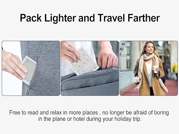 Collage showcasing a compact book-like device in various travel scenarios: in hand, in luggage, and being used by a person walking outdoors.