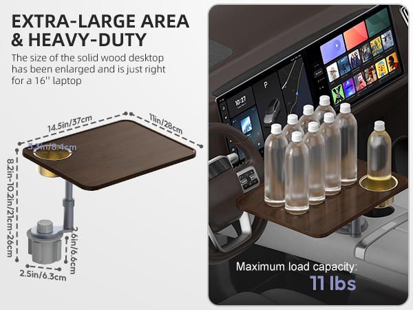 Car Desk Car Tray for Laptop &amp;amp; Food, Wood Cup Holder Table with Adjustable Height