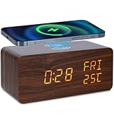 WAIGESEN Digital Wooden Alarm Clock with Wireless Charging,Three levels brightness,Weekday/Weeken...