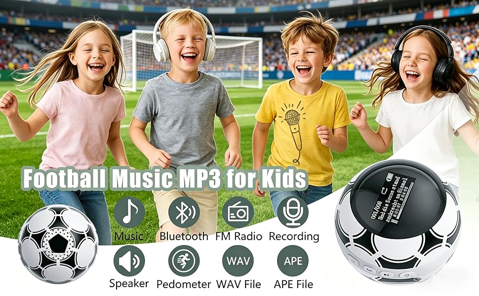 Text reads 'Football Music MP3 for Kids' with icons showing Speaker, Pedometer, WAV File, AIF File features. Image shows four children at a football stadium with a portable MP3 player device displayed.