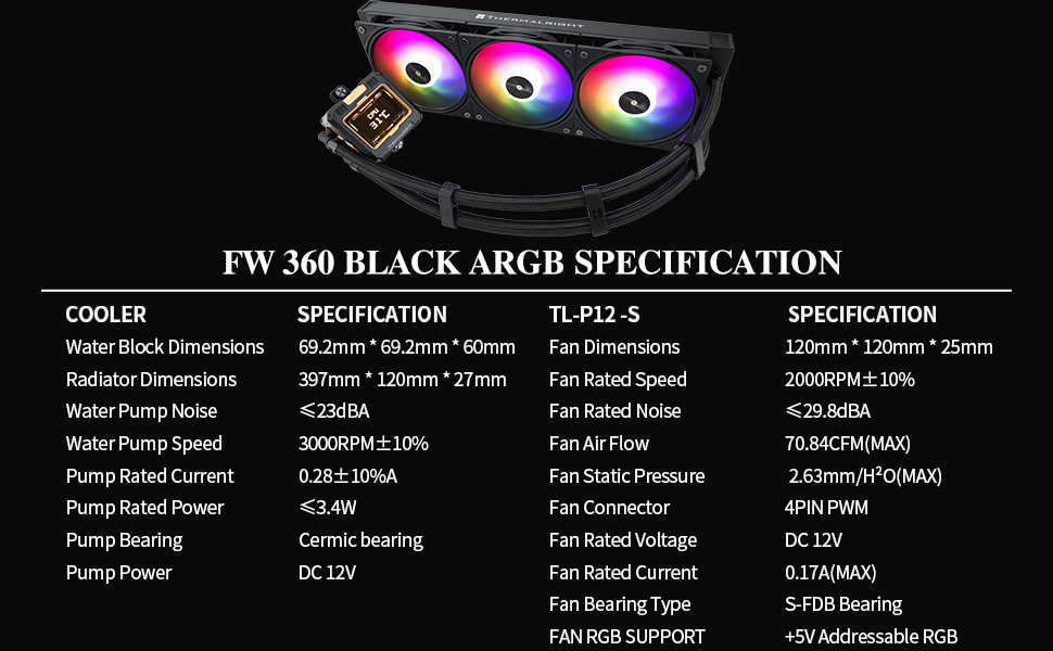 Computer cooling system with three RGB fans. Product specifications listed below, including dimensions, fan speed, and noise levels for the FW 360 BLACK ARGB model.