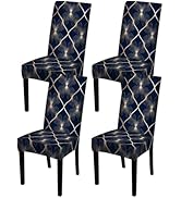 Nuxovilar Dark Blue Gold Line Floral Grid Chair Covers Stretch 23.6x70 Inches - Dining Chair Slip...