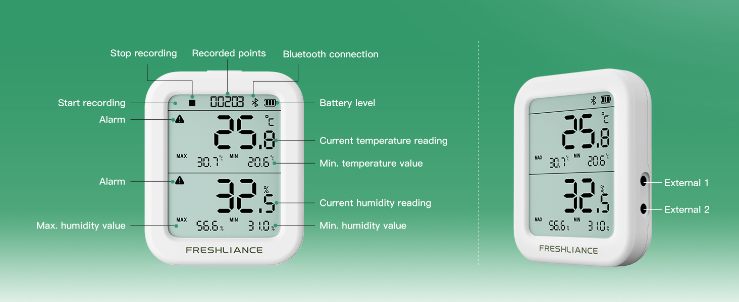Two white digital thermometer-hygrometer devices displaying temperature and humidity readings. One device shows 25.8°C and 32% humidity.