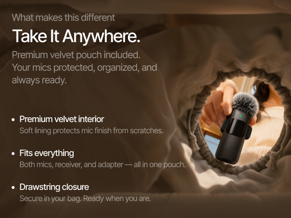 hands lowering mini mic pro mics into an open velvet travel pouch, soft lining visible inside the gr