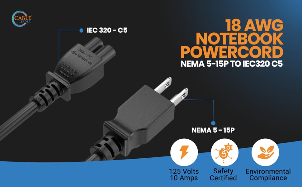 18 AWG Mickey Mouse Universal AC Power Cable, IEC320 C5 to NEMA 5-15P