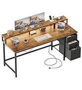 Mericonia Computer Desk 63 inch with Power Outlets &amp; LED Lights, Gaming Desk with 3 Drawers for H...