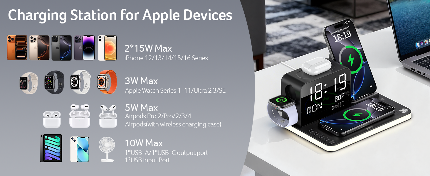 Acer 7 in 1 Wireless Charging Station with LED Night Light, Bluetooth Time Sync Clock