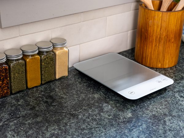 The scale’s slim design makes it easy to store on your countertop or in a drawer.