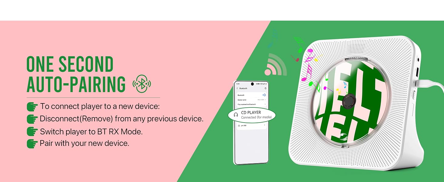 Portable CD player with Bluetooth receiver pairing to smartphone for wireless music streaming