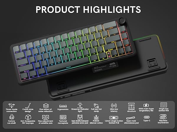 60 Mechanical Keyboard Wireless with Knob, Black Gaming Keyboard,USB-C/BT5/2.4G RGB Hot Swappable