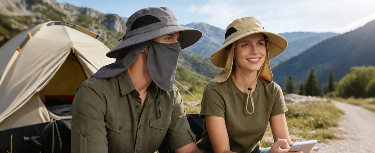 Camping couple with sun hats: Man (gray), woman (khaki). Mountain tent. Outdoor sun protection.