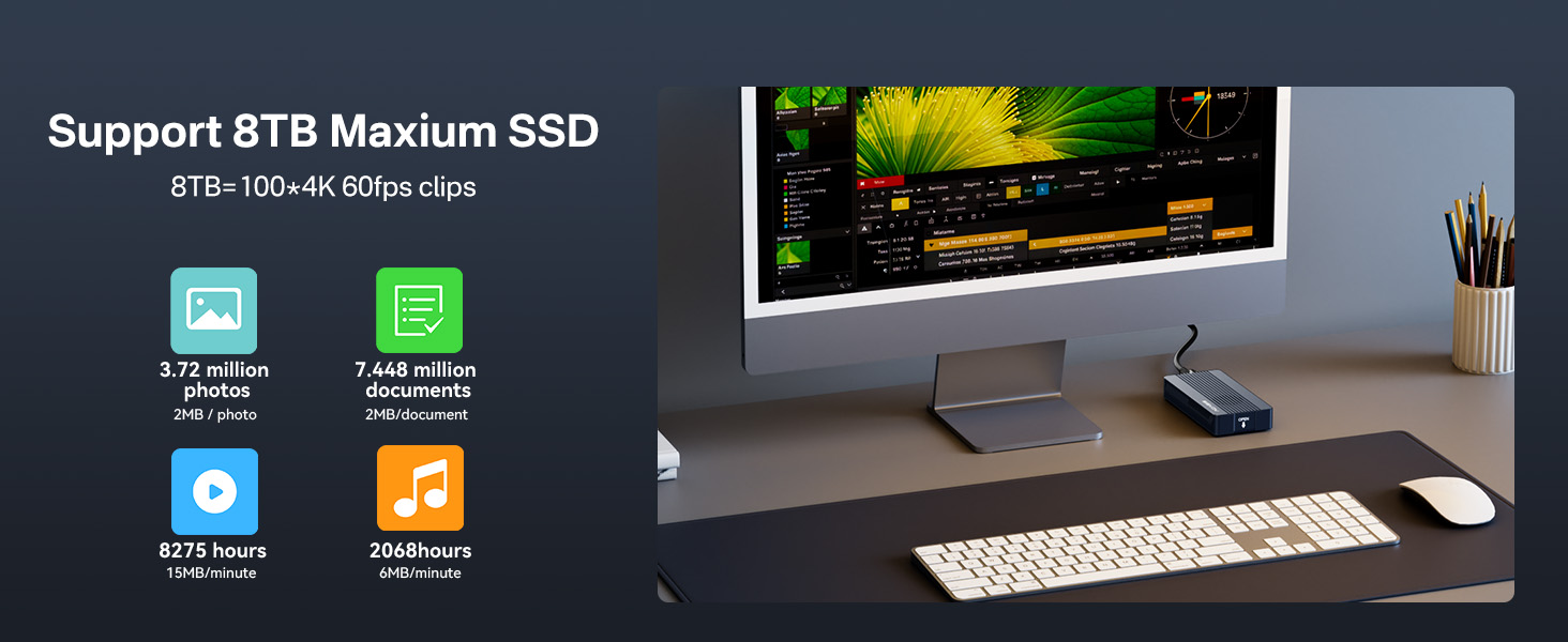 Text reads 'Support BTB Maxium SSD'. Desktop setup showing computer monitor, keyboard, and desk arrangement in dark environment.