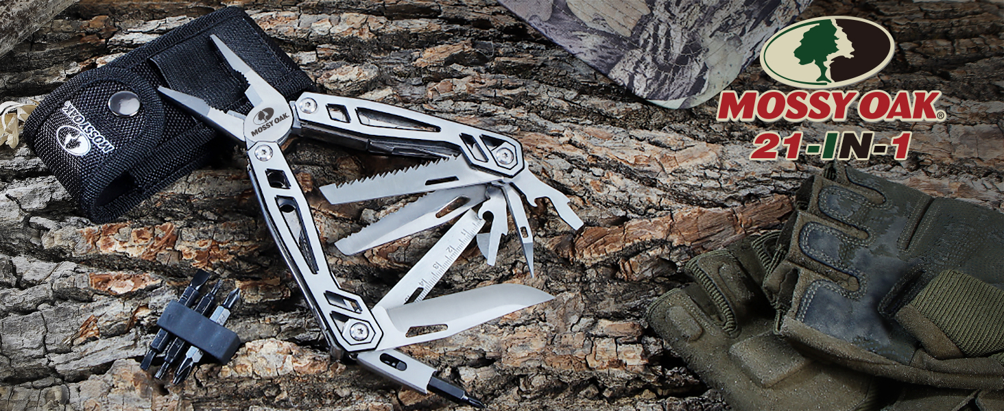 a knife with a blade on it sitting on a tree trunk.