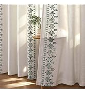 Joydeco Olive Green Embroidered Curtains 63 Inch Long 2 Panel Set, Boho Patterned Linen Drapes fo...