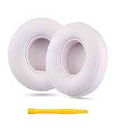 Pair of white oval-shaped replacement ear cushions for headphones with a yellow installation tool below them.