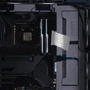 There is a motherboard install in the computer case, the cables are well organized