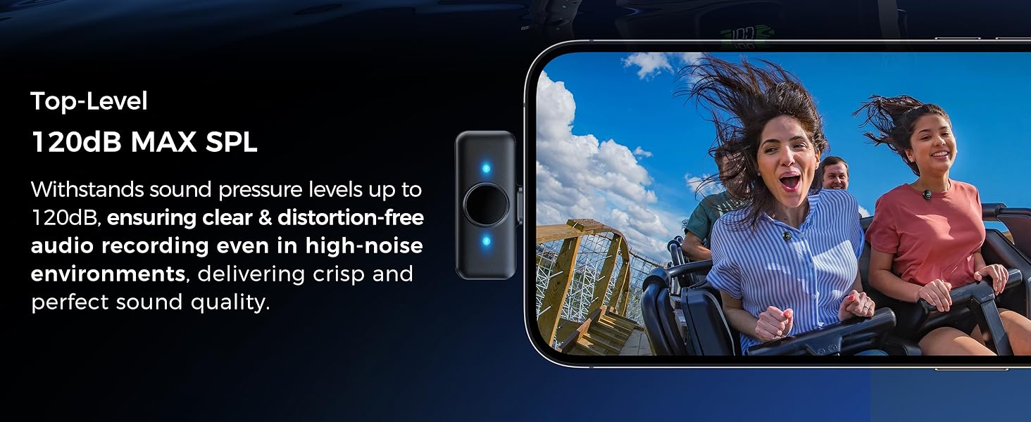 Text reads: '120dB MAX SPL' and 'Top-Level'. Marketing image featuring outdoor action scene with audio equipment specifications.