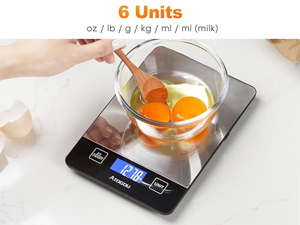 Atogou Food Scale, 33lb/15kg Rechargeable Kitchen Scale with Full-View Backlit LCD Display