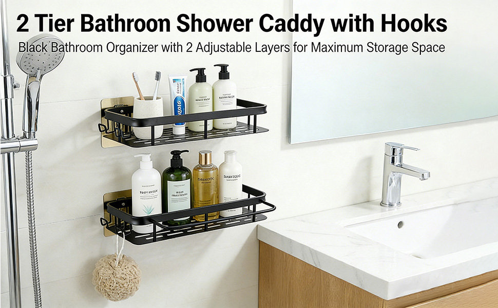 2 Tier Bathroom Shower Caddy with Hooks