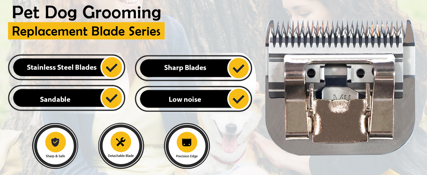 Pet dog grooming replacement blade with stainless steel construction. Features include sharp blades and low noise operation, shown with technical specifications and quality indicators.
