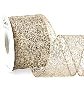 Ribbli Christmas Ribbon Glitter Mesh Wired Ribbon for Christmas Tree Champagne Sparkling Ribbon 2...
