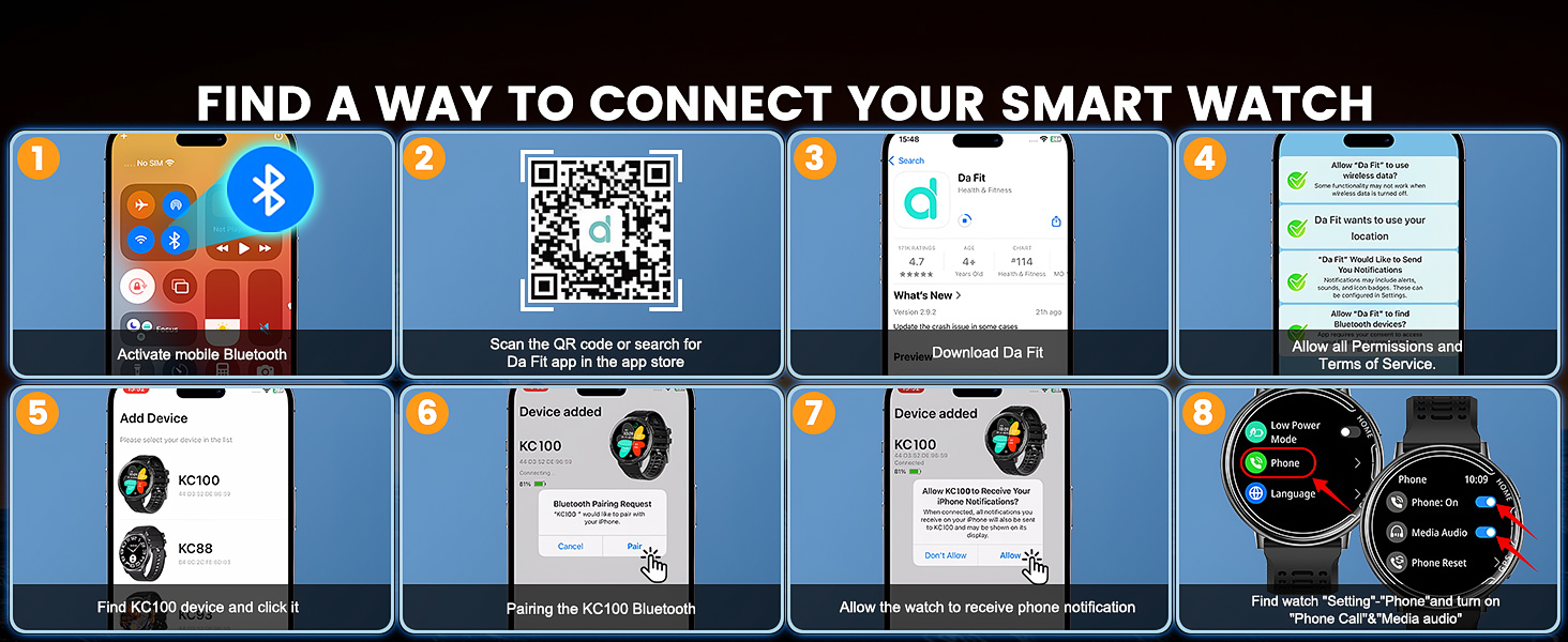 Text reads 'FIND A WAY TO CONNECT YOUR SMART WATCH' Tutorial interface showing multiple steps with smartphone screenshots and QR codes.
