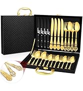 EUIRIO Royal Gold Silverware Set for 4, 24 Pieces Stainless Steel Flatware Set, Cutlery Set Inclu...
