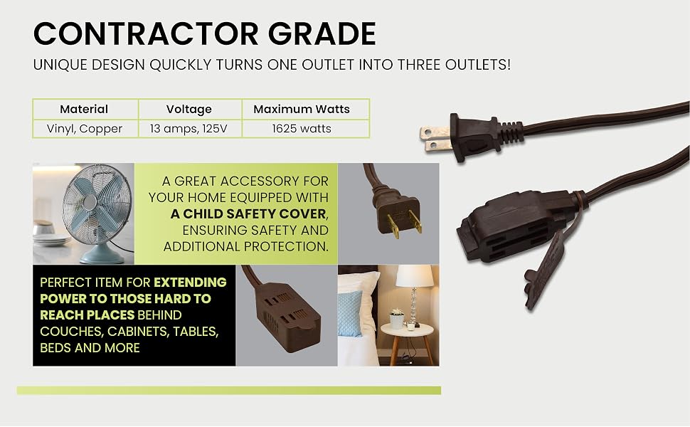 GoGreen Power (GG-24806) 16/2 6’ Household Extension Cord, 3 Outlets, Brown, 6 Ft