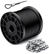 328FT 304 Stainless Steel Wire Rope Cable, Black Vinyl Coated, 150Pcs 1/16''Aluminum Crimp Loop S...