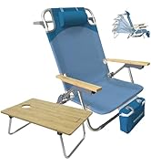 WKFAMOUT Folding Backpack Beach Chair Aluminum 5-Position with Samll Camping Table Bamboo Lay Fla...