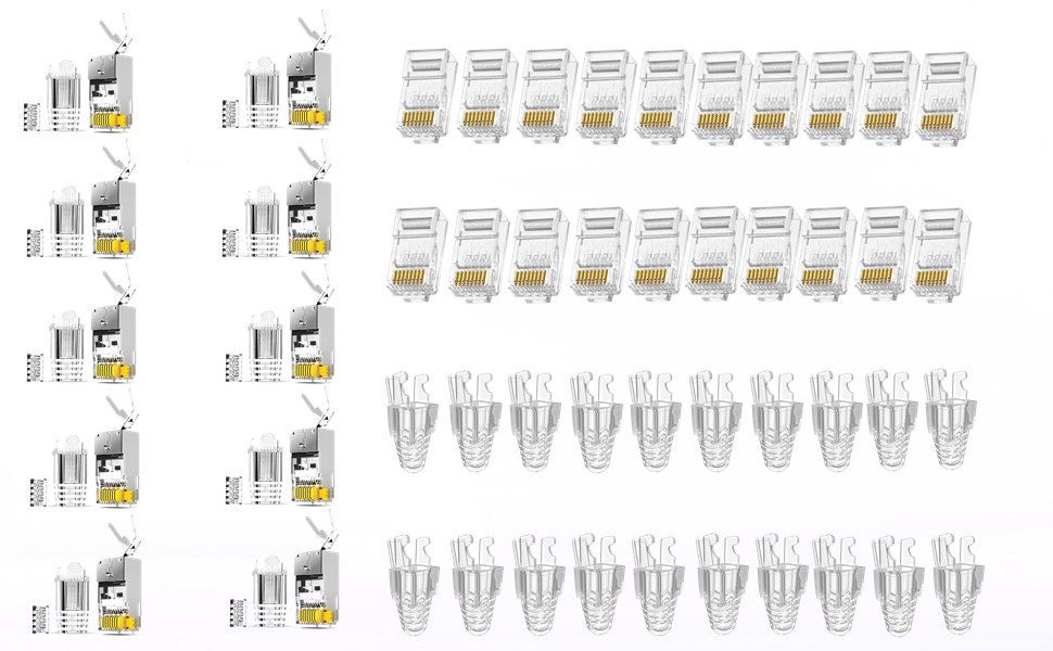 10PCS Cat7 Shielded Connectors and Covers, Fixed Buckle, 20PCS Cat6 Pass Through Connectors Covers