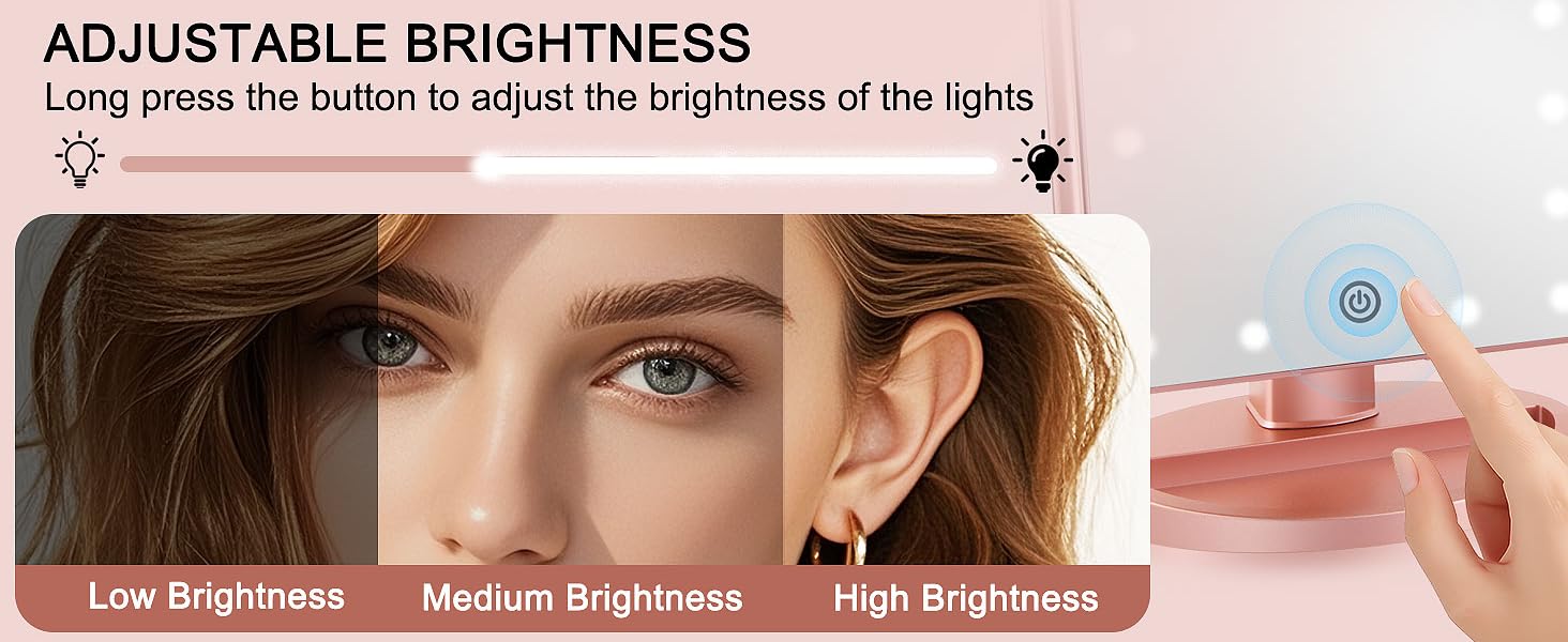 Text reads 'ADJUSTABLE BRIGHTNESS' with 'Low brightness, Medium brightness, High brightness' options shown below. Shows sequence demonstrating brightness adjustment feature.