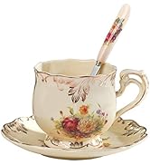 YOLIFE Flowering Shrubs Tea Cup and Saucer Set, 8 oz Vintage Ivory Ceramic Tea Cup Set with Spoon...