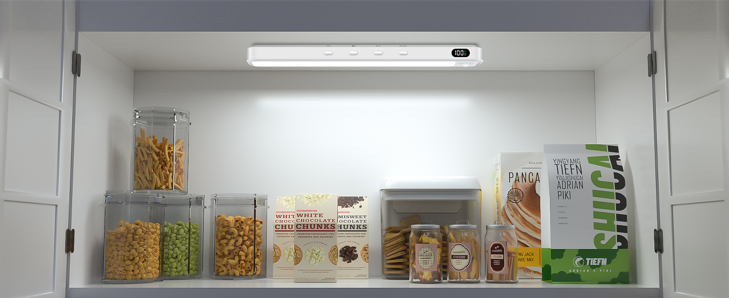 Storage cabinet or pantry interior with multiple shelves, showing organized food items and containers. Glass jars and storage containers visible on shelves.