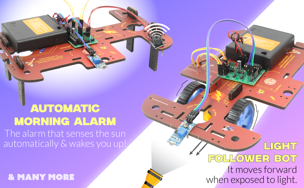 Two red circuit boards with electronic components, labeled as 'Automatic Morning Alarm' and 'Light Follower Bot'. Boards feature sensors, wires, and small motors for light-activated functionality.