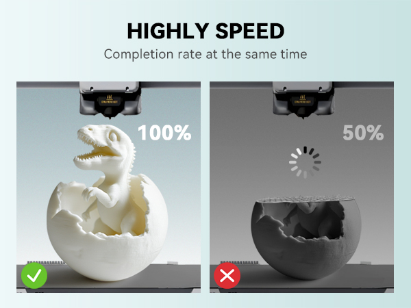 Split image comparing 3D printing speeds. Left shows completed white dinosaur figurine emerging from eggshell. Right shows incomplete print with loading icon, illustrating faster completion rate.
